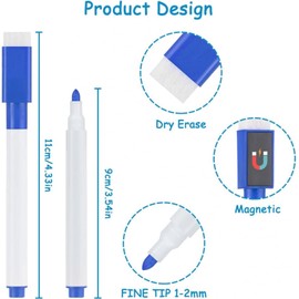 Dry Wipe Pen with Eraser, 8 Pieces Whiteboard Markers, Magnetic Whiteboard Marker with Fine Tip, Colourful 3-in-1 Foil Pen, Dry Erase Marker for Windows, Glass, Blackboard