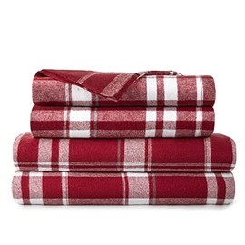 Whisper Organics Flannel Bed Sheets - 4-Pc Flannel Sheet Set, Plaid Pattern - 100% Organic Cotton Flat Sheet + Fitted Sheet + Pillowcases - GOTS Certified Sheets (Queen)