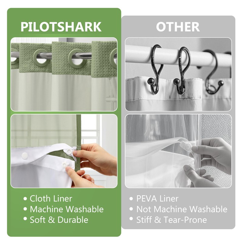 PILOTSHARK No Hook Waffle Weave Shower Curtain Set with Snap-in