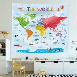 DECOWALL TP-009 World Map Tapestry Kids Tapestries Wall Hanging for Bedroom Living Room Art Home Decor Polyester 60''x50'' (150x130cm)