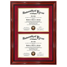 GMFrames Double 8.5x11 Diploma Certificate Frame, Solid Wood with Cherry Lacquer Finish & Intricate Rope Detail,UV Protection Acrylic, Easy-open Backs, Red over Gold Mat