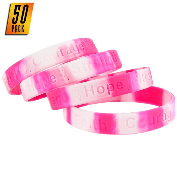 Skeleteen Breast Cancer Awareness Bracelets - Pink Ribbon Camouflage Silicone Rubber Cancer Support Bulk Party Giveaways Favors - Lot of 50