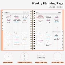 RETTACY 2025 Planner, Bullet Dotted Journal Style, Weekly and Monthly Planner, Jan 2025 - Dec 2025, Large 8.5" × 11", 2025 Calendar, 12-Monthly Tabs, Flexible Plastic Cover (Apricot)