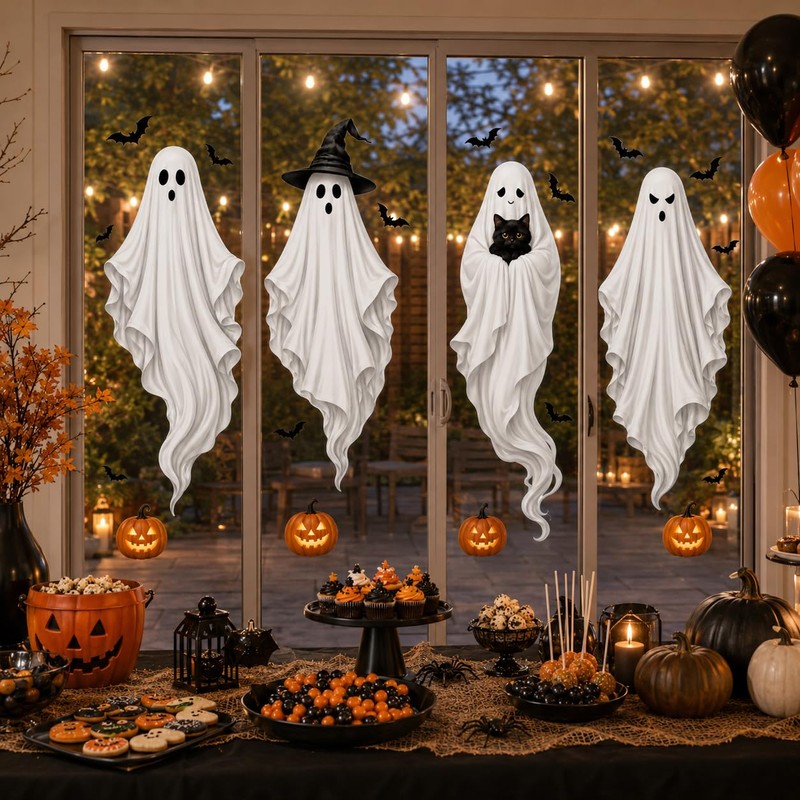 Extra Large Halloween Window Clings, Ghost Witch Hat Pumpkin Decals
