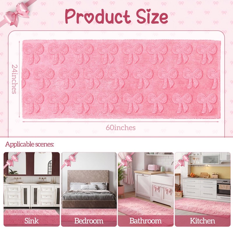 Tinideya Pink Bow Runner Rug 2'x5', Rug for Bath Dorm