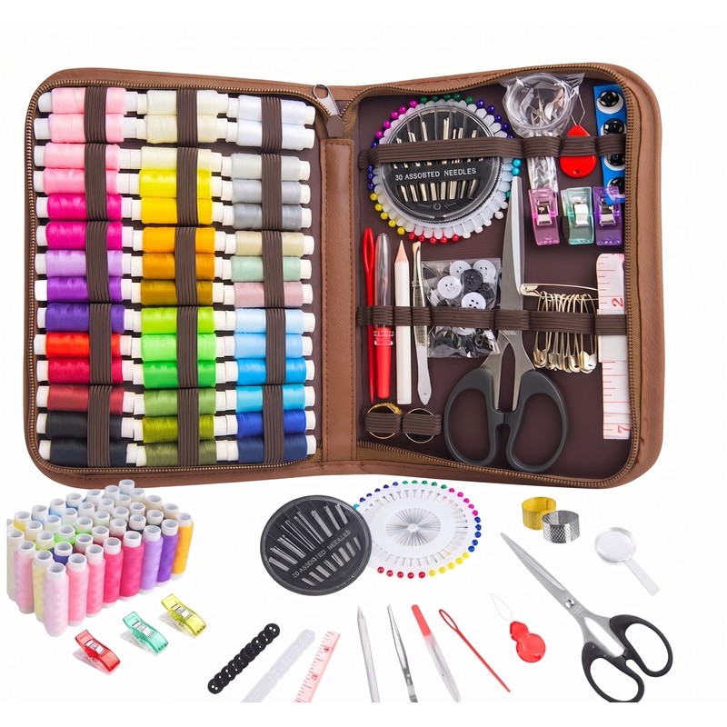 170-Piece Sewing Kit for Home Repairs – Portable Brown Storage