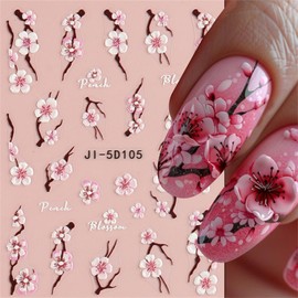 Flower Nail Art Stickers Decals 5D Flowers Nail Stickers White Pink Cherry Blossom Design Art Supplies Flower Nail Art Nail Decorations for Women Girls 1 Sheet