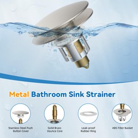 iFealClear 2 Pack Universal Bathroom Sink Stopper, Pop Up Sink Drain Strainer with Hair Catcher Basket, Fit 1.1"-2.3" US Basin, Wash Basin Drain Plug, Big Cover Cap, Brass Bounce Core, Brushed Nickel