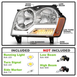 KEEKPO - For 2005 2006 2007 Jeep Grand Cherokee Upgrade Chrome LED Signal w/Light Tube Headlights Headlamps Left+Right