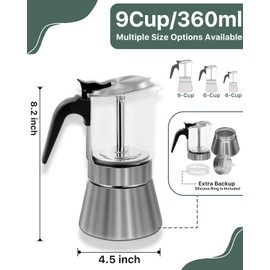 Grasseed Stainless Steel Moka Pot, Crystal Glass-top Coffee Maker Mocha Pot, Italian Stovetop Espresso Maker for Coffee - 9 Cup/360ml
