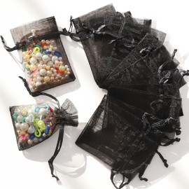 WenTao 100pcs Organza Bags, 2x3inch Black Drawstring Jewelry Bags, Mini Mesh Gift Pouches for Small Presents Jewelry Earrings
