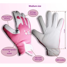 eVCom Ladies Elegant Leather Gardening Gloves with all Finger Protection. Perfect for Garden and House - Medium