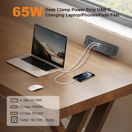 Desk Clamp Power Strip USB C 65W, Desktop Edge Mount Fast Charge Station 3 PD USB Port 2 AC Outlets 6ft Braided Extension Cord Flat Plug Fit Max 3.26’’ Tabletop Edge for Gaming Office Table.