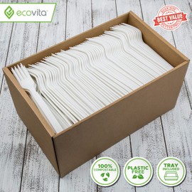 Ecovita 100% Compostable Forks - 500 Large Disposable Utensils (7 in.) Bulk Size Eco Friendly Durable and Heat Resistant Alternative to Plastic Forks with Convenient Tray