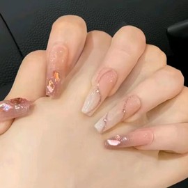 Hkanlre Gradient Long Fake Coffin Nails Tips Press on Nails Full Cover Nude Crystal False Nails for Women 24PCS