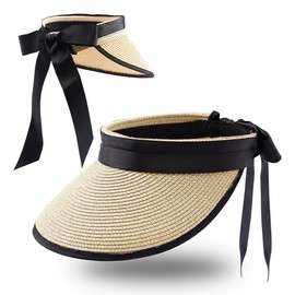 Eigso Women's Sun Protection Visor Hat Straw Ponytail Travel Beach Cap for Women, A2: Beige, Unit size