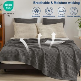PHF 100% Cotton Waffle Weave Blanket Queen Size, Lightweight Washed Cotton Blanket for Spring & Summer - 90"x90" Aesthetic Soft Woven and Breathable Blanket for Bed Sofa Home Decor - Charcoal Grey