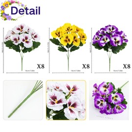 ASTRYAS 24 Pcs Artificial Outdoor Flowers, Faux Silk Pansy Plants for Outside UV Resistant Spring Pansies Flower for Home Planter Porch Patio Yard Decor (24, White/Purple/Yellow)