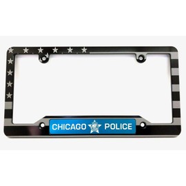 American Flag Chicago Police Billet Aluminum License Plate Frame-Black-Blue