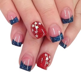 24 Pcs 4th of July Independence Day Press On Nails Short Square French Tip Acrylic Nails with Star Glitter Design for Patriotic Women