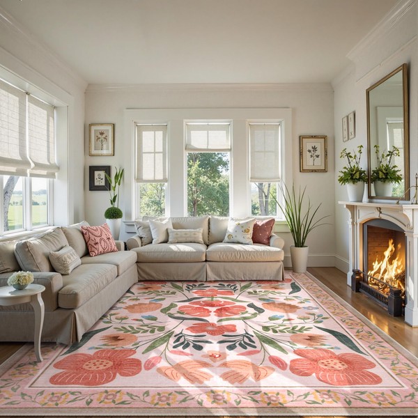 Beeiva Floral Washable Area Rugs 8x10, Flower Pattern Boho Beige