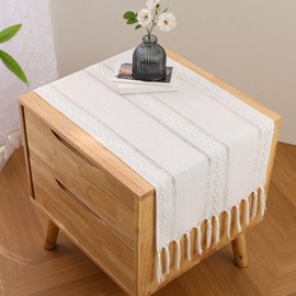 GSG Boho Small Table Runner for Home Decor, 36" Long Farmhouse Rustic Linen Table Runner with Tassels, Handmade Bohemia Short Table Runner for Dining Bedroom Decoration, Ivory White, 13x36 Inches