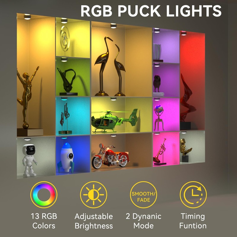 BESTDLCLITE LED Puck Lights with Remote, 13-Color Under Cabinet Lighting