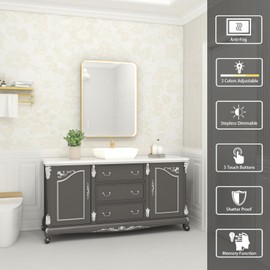 Twalsu 24x32 Inch LED Bathroom Mirror with Lights, Gold Metal Framed LED Mirror for Bathroom, 3 Colors and Stepless Dimmable Wall Mounted Lighted Bathroom Vanity Mirror, Anti-Fog, Memory