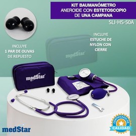 MEDSTAR | Kit Baumanometro Aneroide con Estetoscopio de una Campana FULL COLOR (Morado)