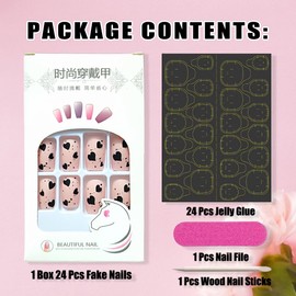 24pcs Valentines Nails Heart Press on Nails Medium Length Fake Nails Valentines Day Nails with Black Heart Design Valentine False Nails for Women and Girls DIY Manicure Valentines Nails Decoration