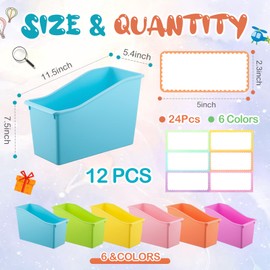 Geetery 12 Pcs Book Bin for Classroom with Labels Stackable Plastic Organizing Bins 11.5 x 5.4 x 7.5 in Book Holders Storage Bins Box Baskets for Classroom Library Home (Pastel Color)