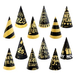 PLUSHCEWT 12 Pack Happy New Year Party Hats, Black and Gold Paper Cone Hats 2025 New Year's Eve Hats Decorative New Year's Cone Hats Countdown Party Hats