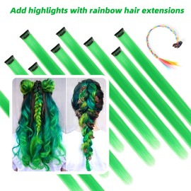 RINBOOOL Green Hair Extensions Clip in, 22 Inch 10 Pcs Long Straight Colored, for Kids Girls Women Highlight Party, Synthetic