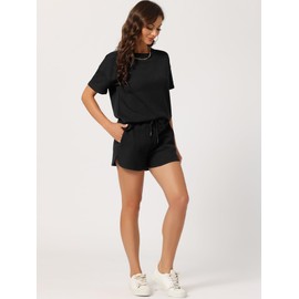 cheibear Womens Lounge Sets with Pockets Waffle Summer Outfits T-shirt and Shorts Loungewear Sweatsuits Black M
