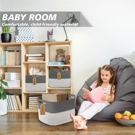 Grey & Dark Grey Cotton Rope Woven Storage Basket – 13.4 x 9.3 x 9.5 in Closet Organiser Bin with Handles for Clothes, Towels & Blankets | Stylish Decorative Gift Basket (1 Pack)