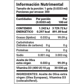 Vitamina D3 300 gotas. 10 ml. Ingredientes naturales. Olive Oil D3 Little B Life.