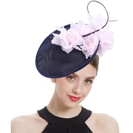 ELLYDOOR Sinamay Fascinator Church Hats for Women Derby Hat Wedding Tea Party Pillbox Hat with Headband Clip Navy Blue Pink