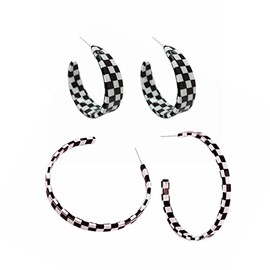 2 Pairs Lightweight 70s 80s 90s Transparent Black White Circle Round Acrylic Geometric Striped Checkered Dangle Drop Earrings for Women Statement Jewelry Gifts-black