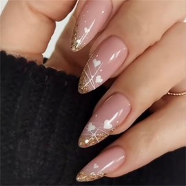 KTAABTR 24Pcs French Tip Press on Nails Long Almond Nails White Heart Fake Nails with Glue Gold French Tip Acrylic Nails Design Nude Glossy False Nails Stick on Nails for Women DIY Manicure