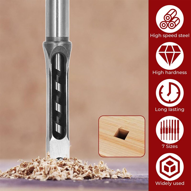findmall 7Pcs Square Hole Drill Bit Set HSS Square Hole