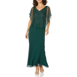 J Kara Women's Petite Pop Over Long Beaded Dress, Hunter/Multi, 8P