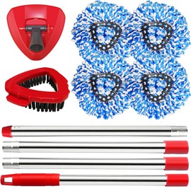 Spin Mop Head and Brush Replacement Compatible for O Cedar RinseClean 2-Tank System, 4 Microfiber Mop Refills, 1 Scrub Brush,1 Base and 30-58in Mop Stick Easy-to-Replace (Blue 2 Tank System)