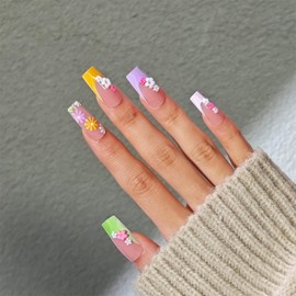 Flower Press on Nails Medium Square Fake Nails with 3D Floral Daisy Colorful French Tip Designs 24 Pcs Natural Reusable Summer Acrylic Nail Full Cover Stick on Nail for Women No Glue WYFHDT