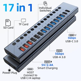 Powered USB Hub, VANGREE 17-Port USB 3.0 Splitter (7 USB 3.0 Ports + 3 2.4A Charging Ports + 3 USB 2.0 Ports + 2 USB-C 3.0 Ports + SD/TF Card Reader), Single On/Off Switch, 90W Power Supply