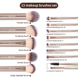 MAANGE 13 PCS Makeup Brushes Professional Make Up Brushes Premium Synthetic Powder Concealers Brushes Travel Makeup Brush Set with Case (Champagne)
