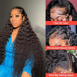 MMFZPHEIR 13x6 Deep Wave Lace Front Wigs Human Hair 200% Density 13x6 Lace Frontal Wigs Human Hair Natural Black Deep Curly Glueless Wig Human Hair Pre Plucked with Baby Hair(34 Inch)