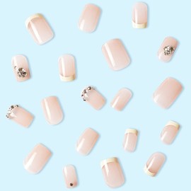 24 PCS French False Nails Square with Short False Nails Pink Fake Nails Rhinestone and Stylishly Designed Fake Nails Full Cover False Nail Daily Decorative Art for Women and Girls