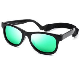 Flexible Polarized Baby Sunglasses with Strap Adjustable for Toddler & Newborn Infant 0-18 Months (Black/Green Mirrored)