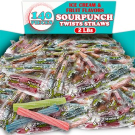 SourPunch Twists Straws Candy, 7 Flavors, 2 Lbs Bulk, Chewy Sour Candy Variety Pack, Individually Wrapped Sweet and Sour Sticks Candy, Ice Cream and Fruity Flavors Assortment, Colorful Candy for Kids Party Favors, Snacking, Appx 140 Pieces