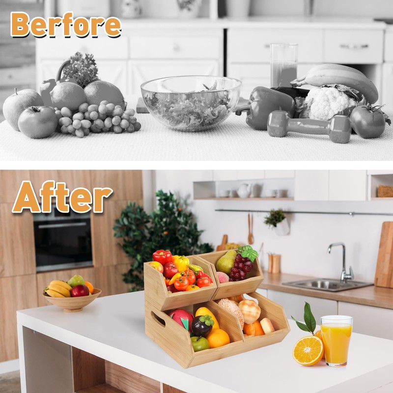 LByng Bamboo Stackable Pantry Storage Bins,Wooden Stackable Baskets,Potato and Onion